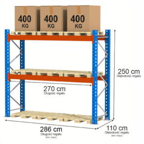 Zdjęcie produktu: Regał magazynowy paletowy Mega-M XR 0+2 H-250 cm L-286 cm moduł bazowy 1200 kg nośność na parę trawersów