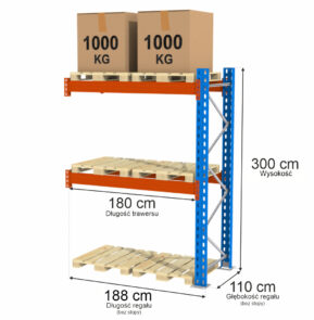 Zdjęcie produktu: Regał magazynowy paletowy Mega-M XR 0+2 H-300 cm G-110 L-188 cm moduł dostawny 2000 kg nośność na parę trawersów