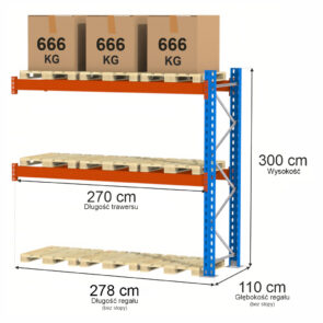 Zdjęcie produktu: Regał magazynowy paletowy Mega-M XR 0+2 H-300 cm L-278 cm moduł dostawny 2000 kg nośność na parę trawersów