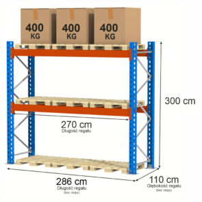 Zdjęcie produktu: Regał magazynowy paletowy Mega-M XR 0+2 H-300 cm L-286 cm moduł bazowy 1200 kg nośność na parę trawersów