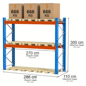 Zdjęcie produktu: Regał magazynowy paletowy Mega-M XR 0+2 H-300 cm L-286 cm moduł bazowy 2000 kg nośność na parę trawersów