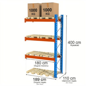 Zdjęcie produktu: Regał magazynowy paletowy Mega-M XR 0+3 H-400 cm L-189 cm moduł dostawny 2000 kg nośność na parę trawersów