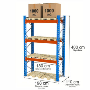 Zdjęcie produktu: Regał magazynowy paletowy Mega-M XR 0+3 H-400 cm L-198 cm moduł bazowy 2000 kg nośność na parę trawersów