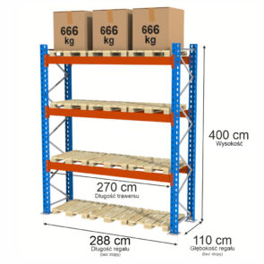 Zdjęcie produktu: Regał magazynowy paletowy Mega-M XR 0+3 H-400 cm L-288 cm moduł bazowy 2000 kg nośność na parę trawersów