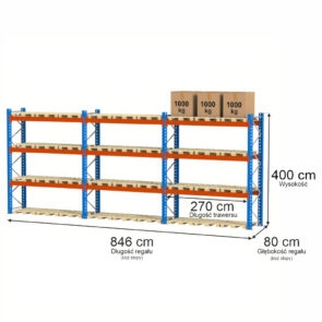 Zdjęcie produktu: Regał magazynowy paletowy Mega-M XR 0+3 H-400 cm L-846 cm 3000 kg nośność na parę trawersów
