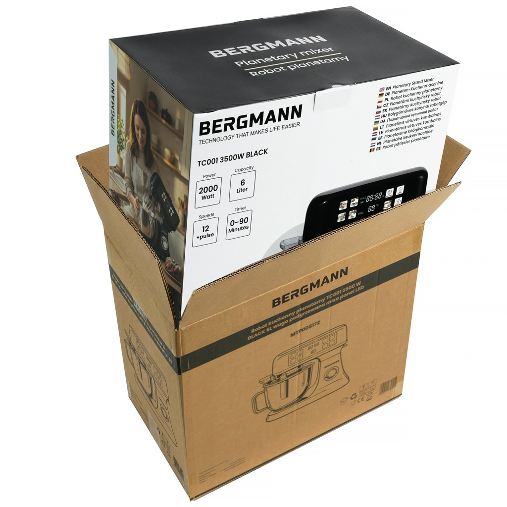 Mikser planetarny Robot kuchenny 6L BERGMANN TC001 3500 W BLACK waga podgrzewana misa panel LED