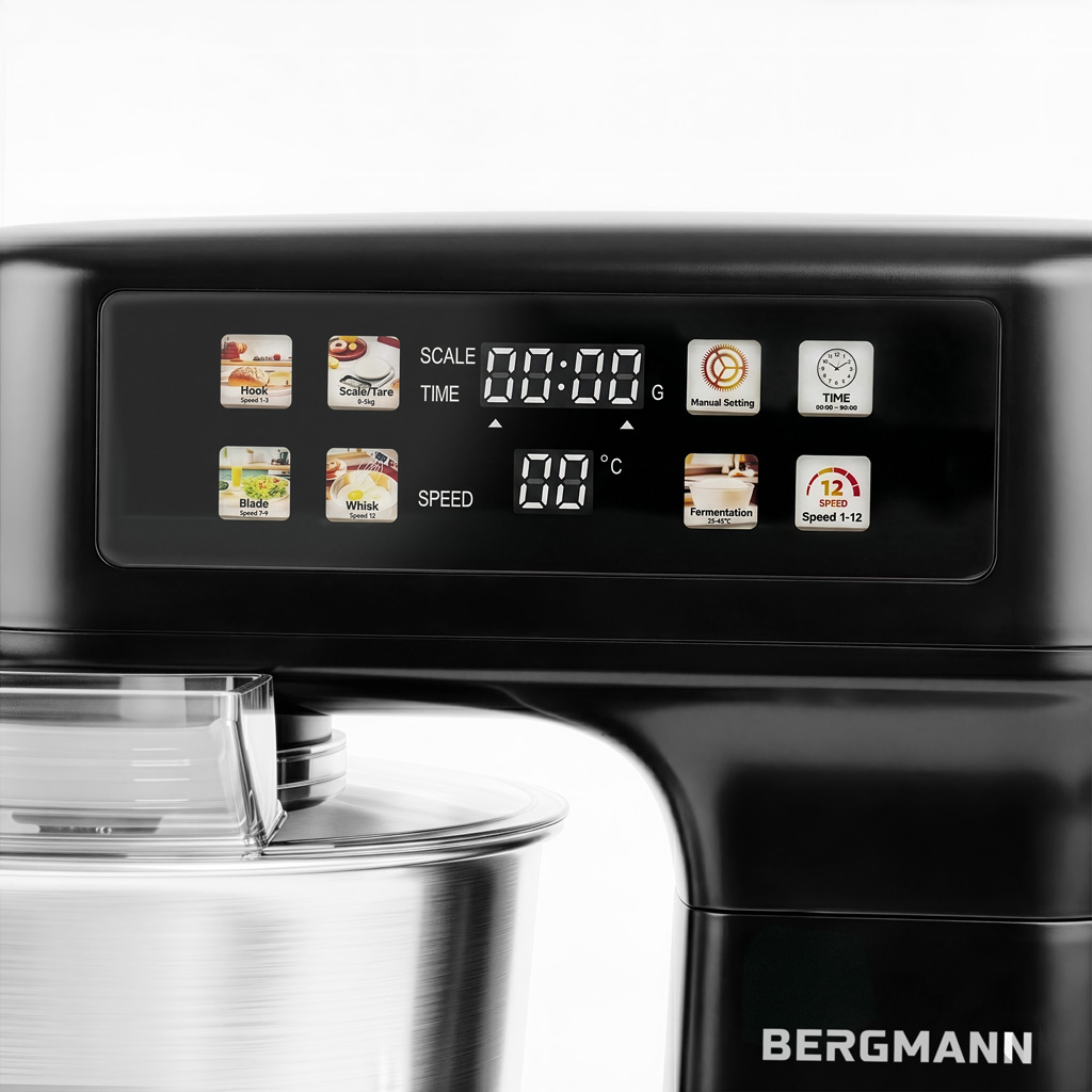Domowy robot kuchenny planetarny 6L BERGMANN TC001 3500 W BLACK waga podgrzewana misa panel LED