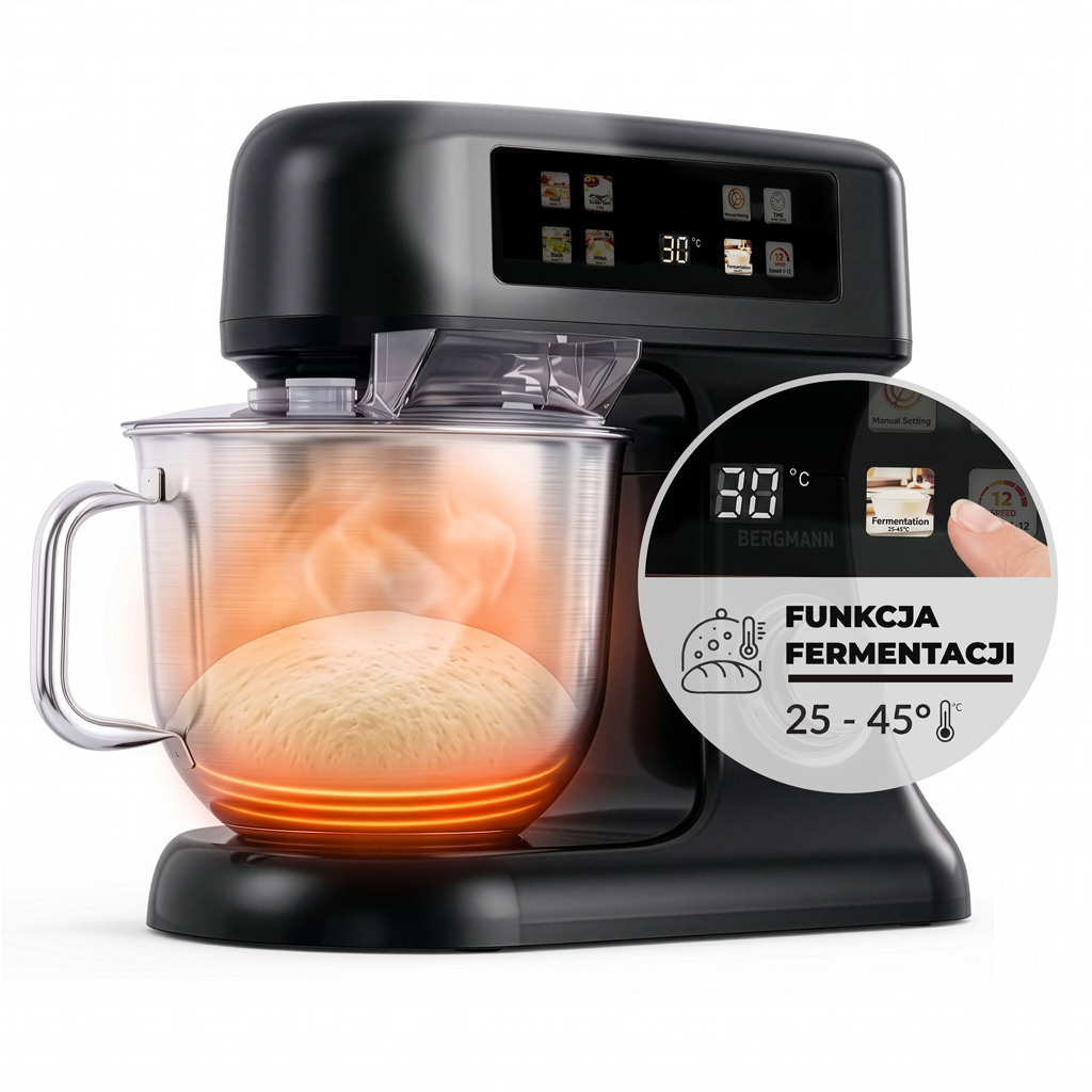 Robot kuchenny wielofunkcyjny planetarny 6L BERGMANN TC001 3500 W BLACK waga podgrzewana misa panel LED