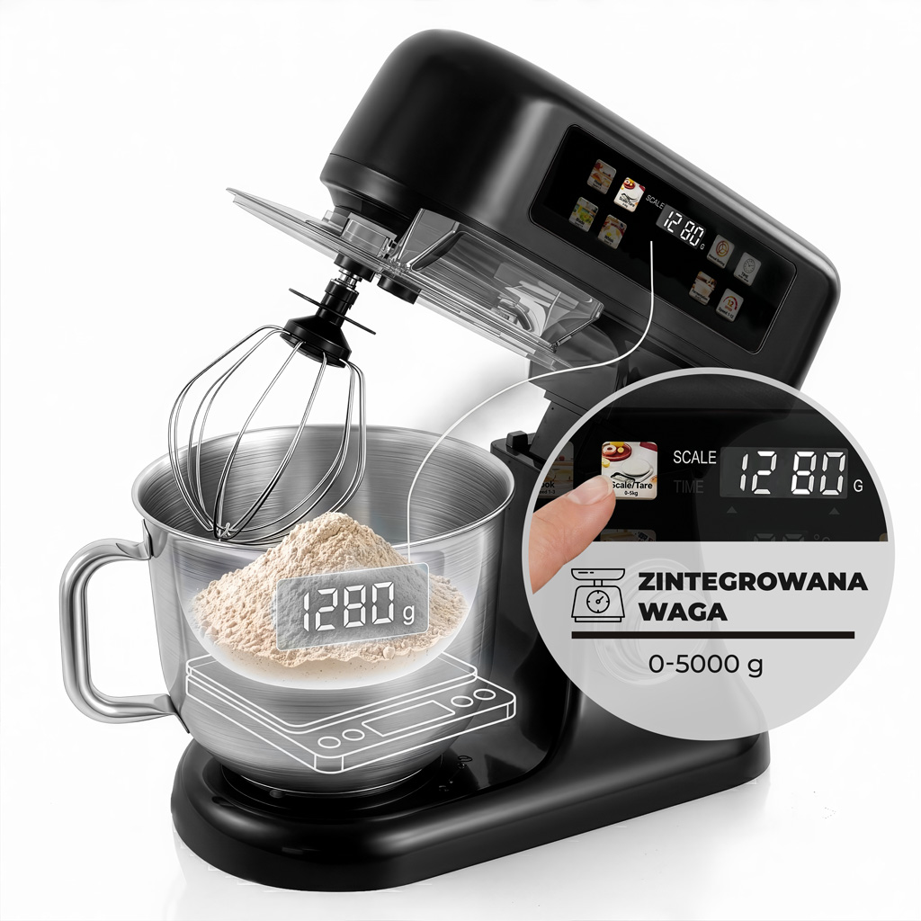 Robot kuchenny z maszynką planetarny 6L BERGMANN TC001 3500 W BLACK waga podgrzewana misa panel LED