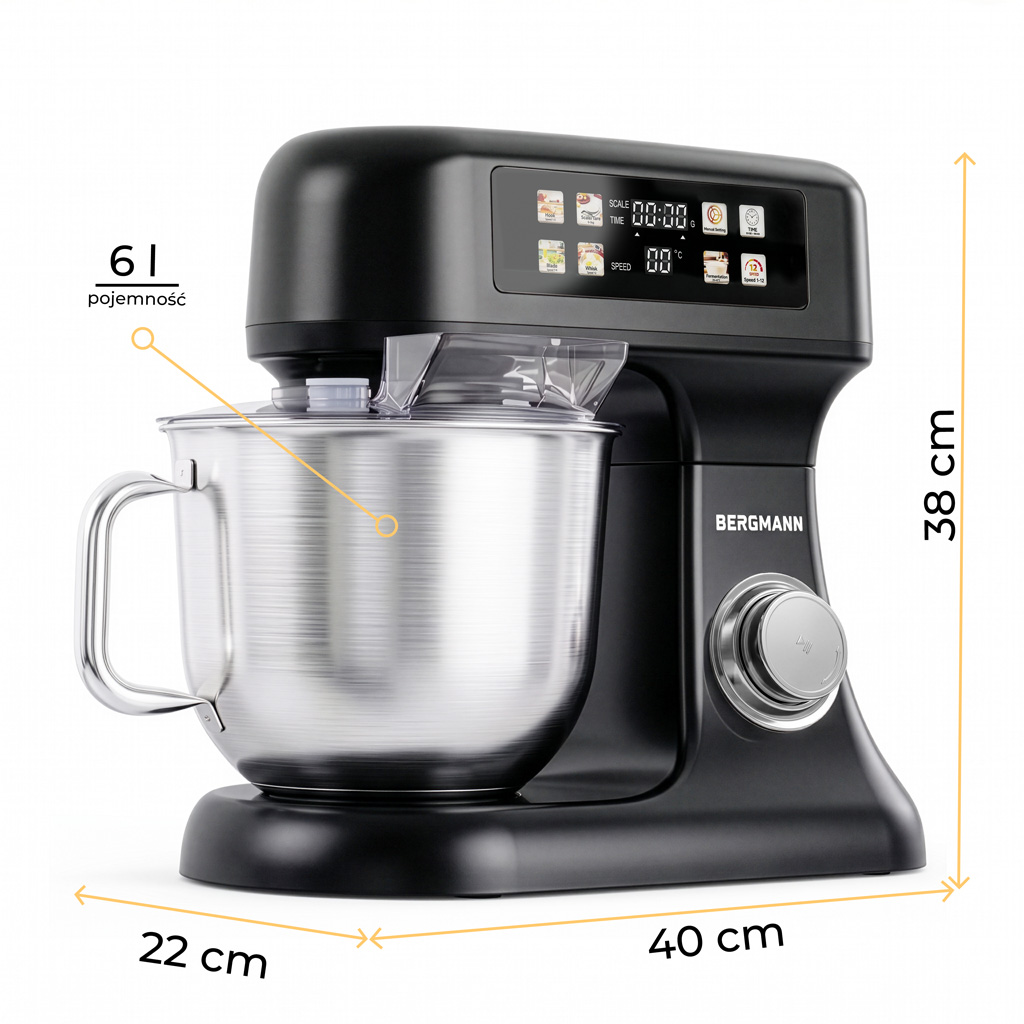 Mikser planetarny do ciasta Robot kuchenny 6L BERGMANN TC001 3500 W BLACK waga podgrzewana misa panel LED