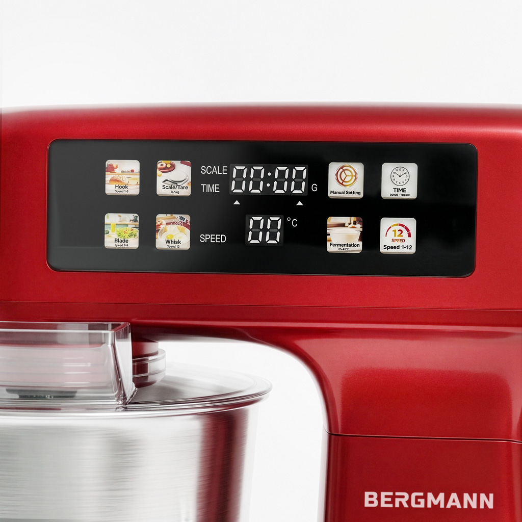 Robot kuchenny planetarny 6L BERGMANN TC001 3500 W RED METALIC waga podgrzewana misa panel LED