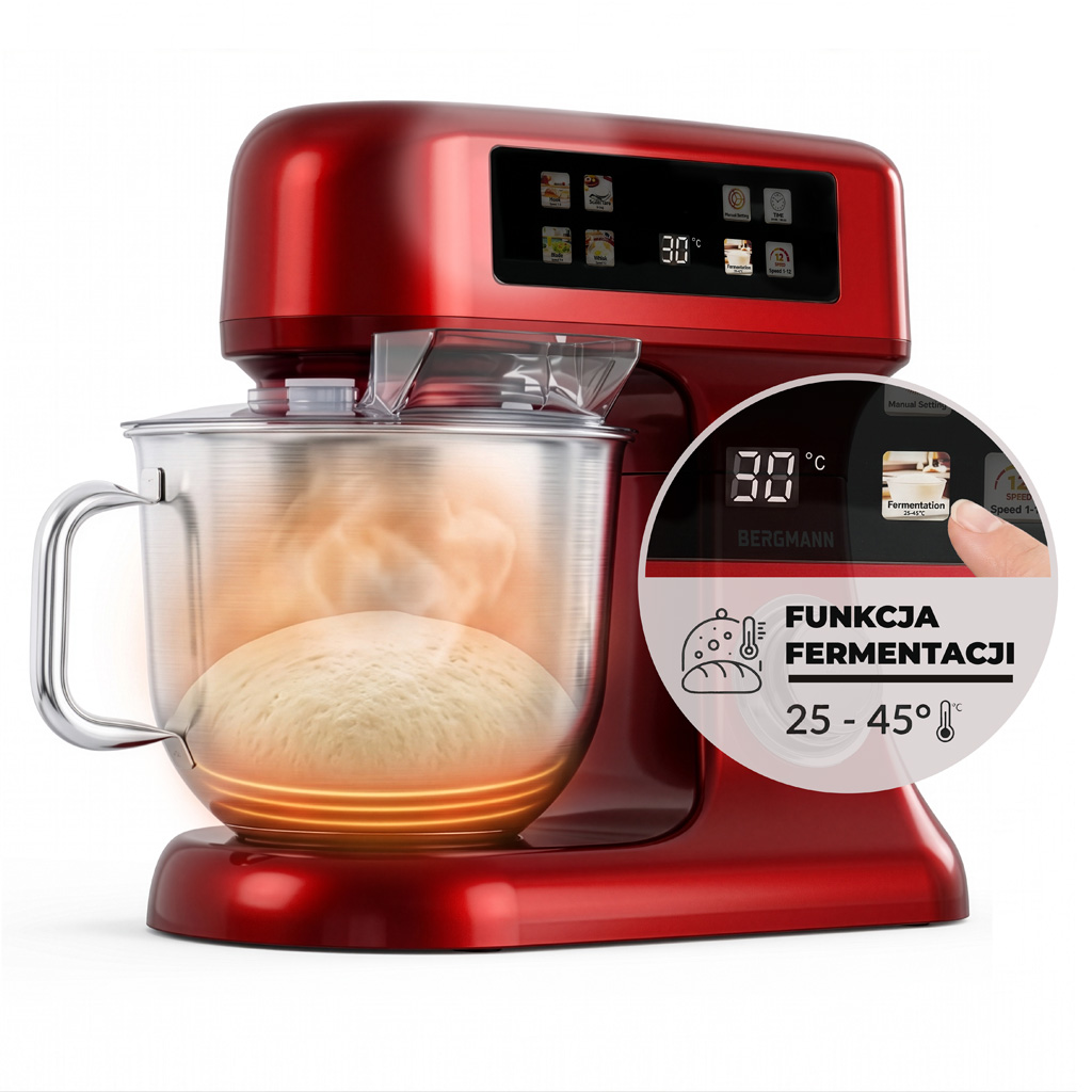 Robot kuchenny z maszynką planetarny 6L BERGMANN TC001 3500 W RED METALIC waga podgrzewana misa panel LED