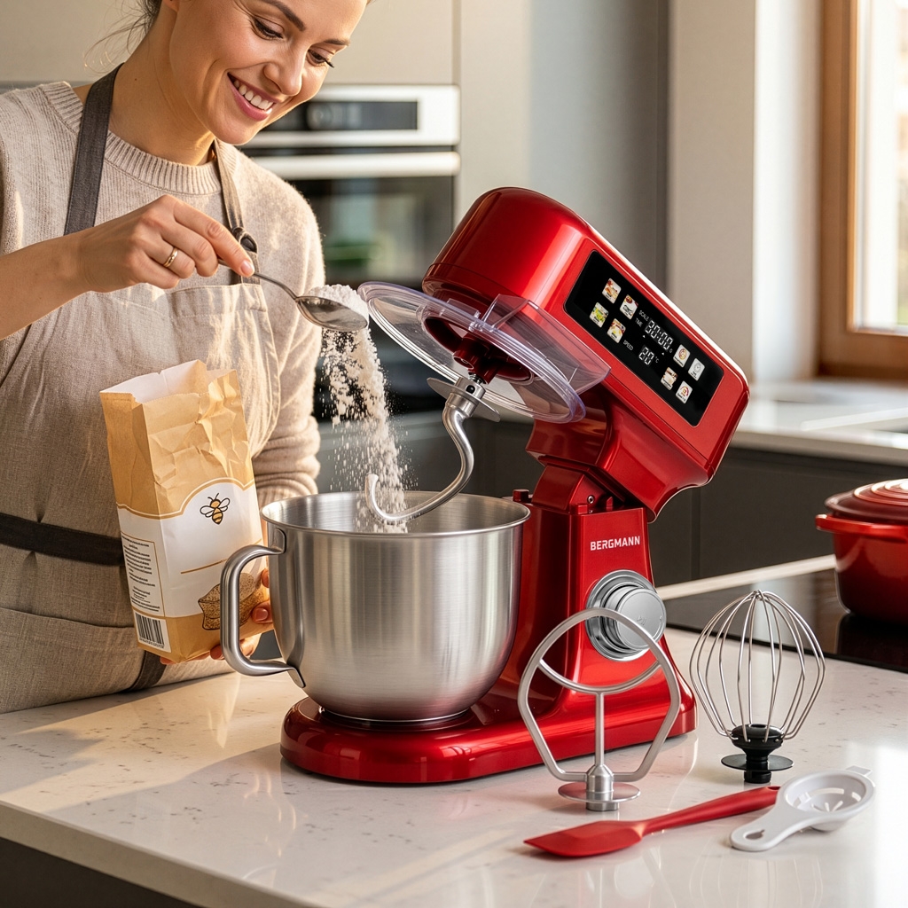 Mikser planetarny Robot kuchenny 6L BERGMANN TC001 3500 W RED METALIC waga podgrzewana misa panel LED