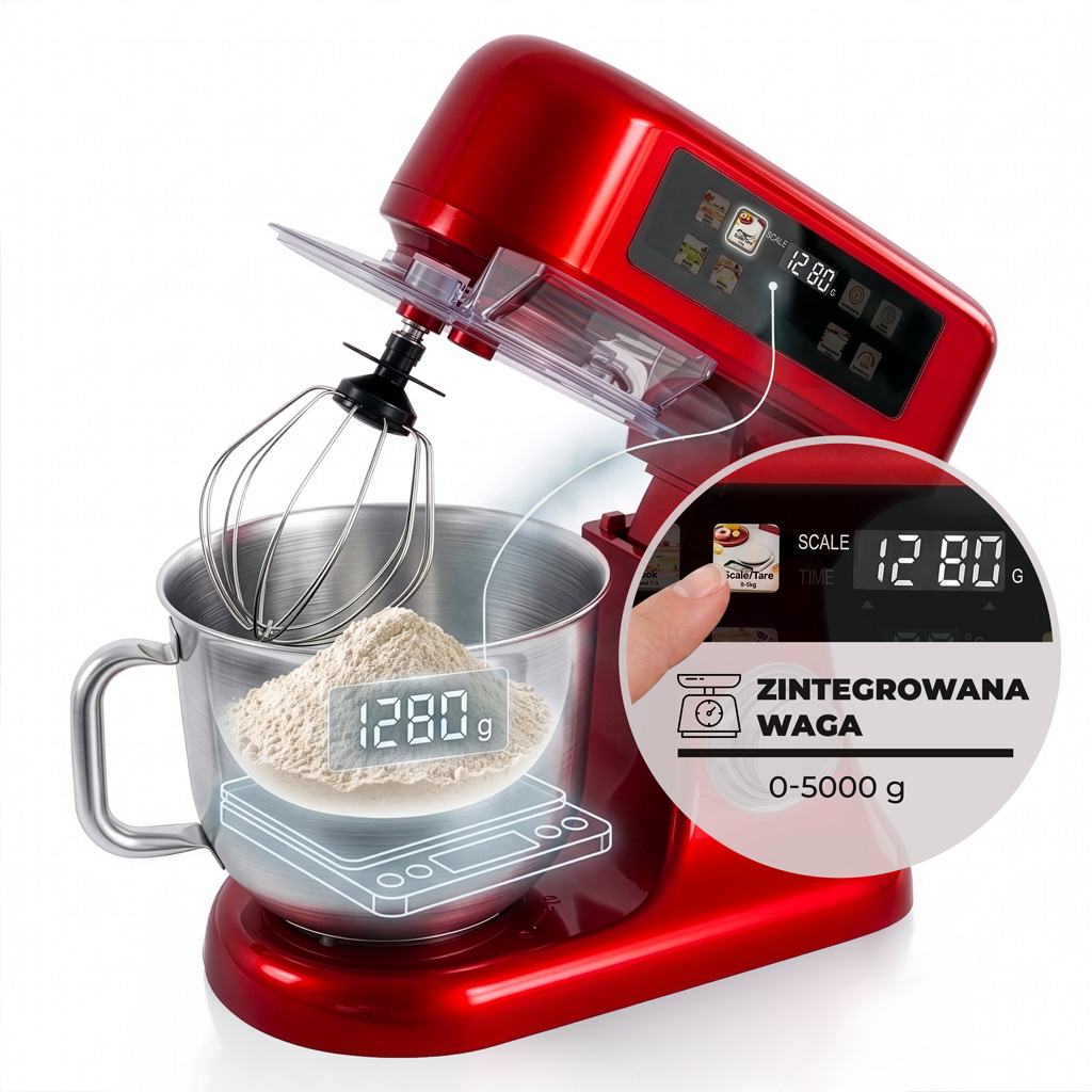 Robot planetarny z maszynką do mięsa kuchenny 6L BERGMANN TC001 3500 W RED METALIC waga podgrzewana misa panel LED