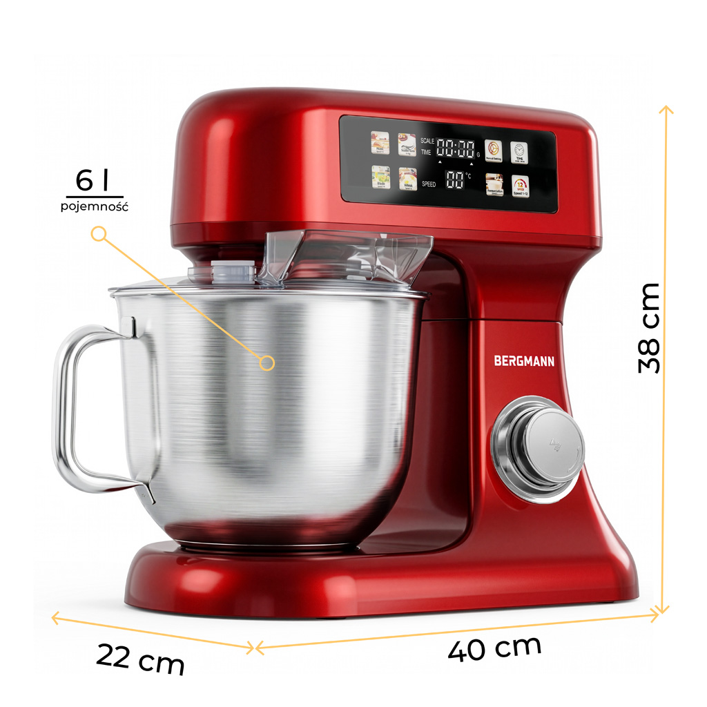 Robot kuchenny z blenderem planetarny 6L BERGMANN TC001 3500 W RED METALIC waga podgrzewana misa panel LED