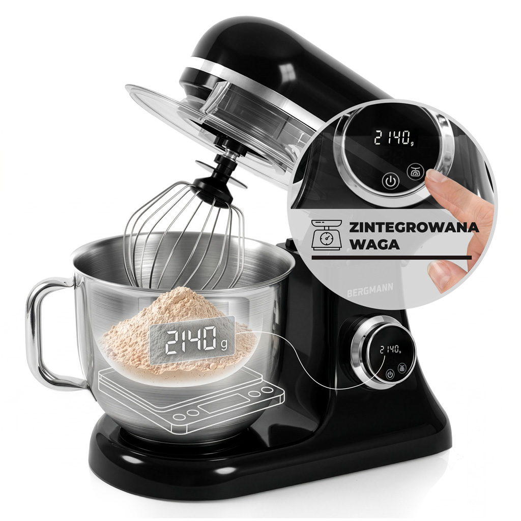 Robot kuchenny wielofunkcyjny planetarny 6L BERGMANN TC002 3500 W BLACK waga dotykowe pokretlo