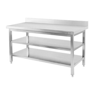 Zdjęcie produktu: Stół gastronomiczny ze stali nierdzewnej przyścienny z 2 półkami Mega-M X STANDARD 180x70x85 cm kwadratowe nogi