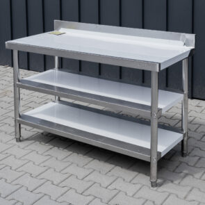 Zdjęcie produktu: Stół gastronomiczny ze stali nierdzewnej przyścienny z 2 półkami Mega-M X STANDARD 140x60x85 cm POSERWISOWY