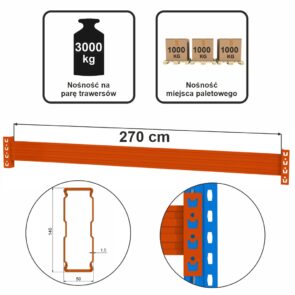 Zdjęcie produktu: Trawers Mega-M XR L-270 cm 14x5 cm nośność na parę trawersów 3000 kg pomarańczowy