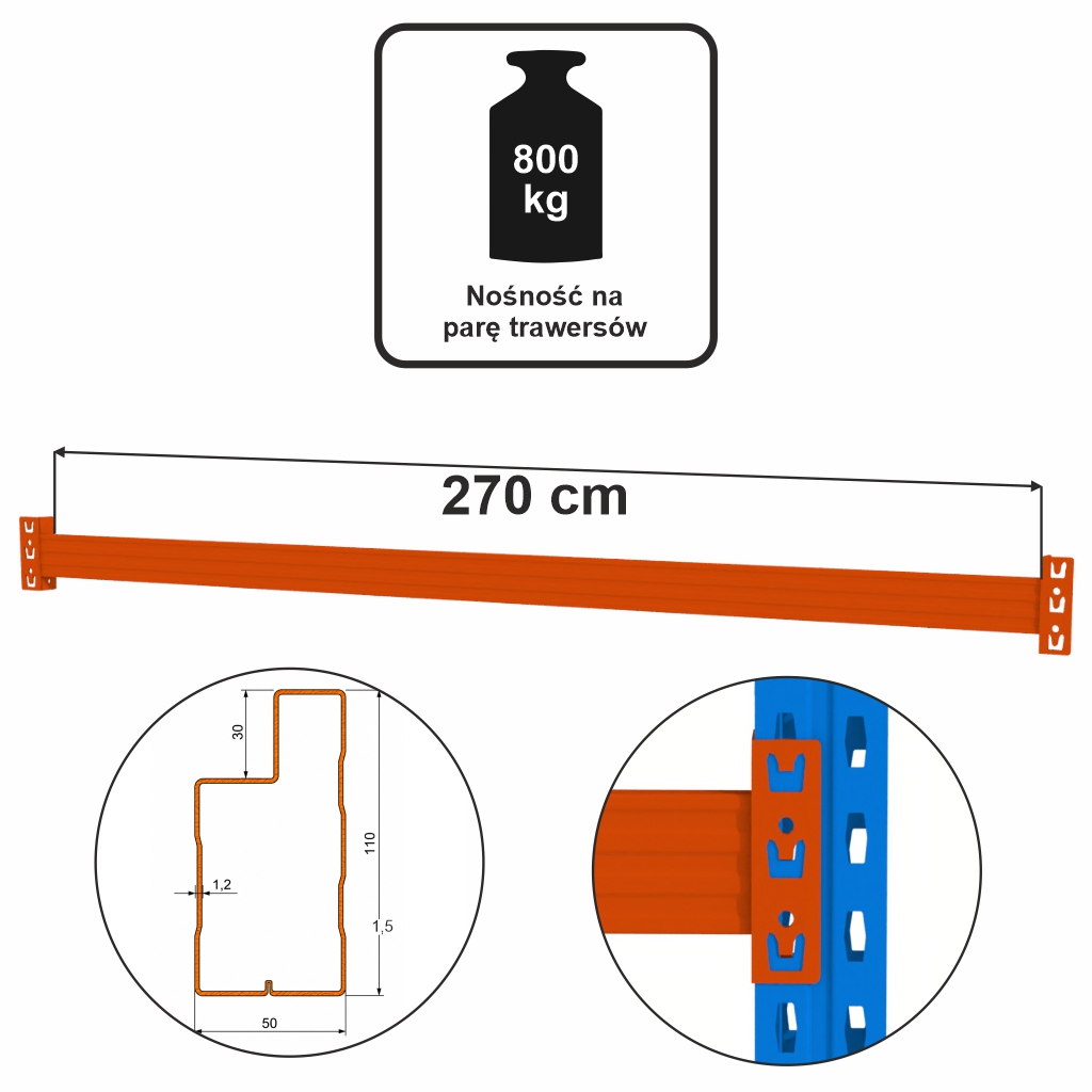 Trawers schodkowy belka pozioma Mega-M XR 270 cm, 11x5 cm